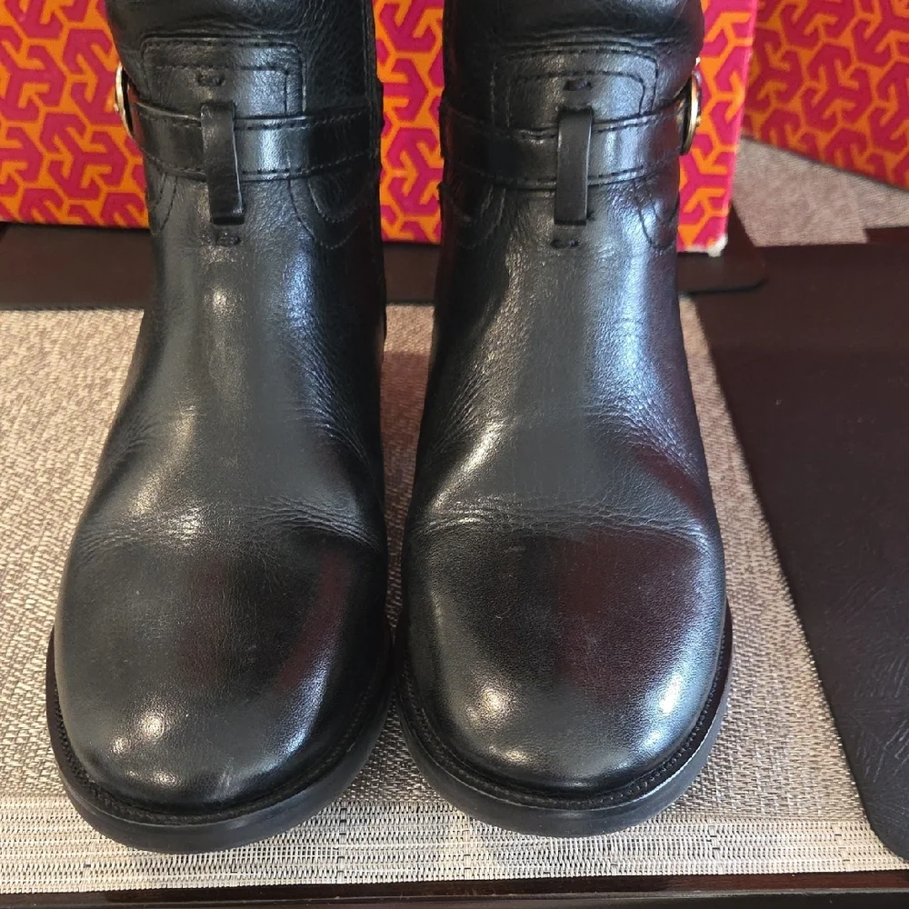 Tory Burch Black Leather Knee-High Riding Boots with Gold Hardware - Picture 3 of 6